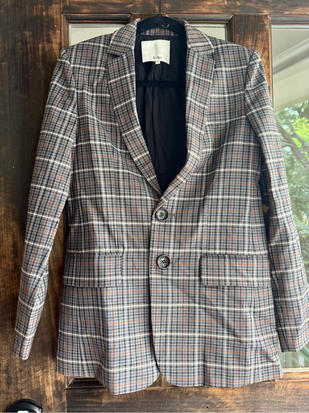 Tibi Plaid Blazer in Gray with Tan & Blue Accents